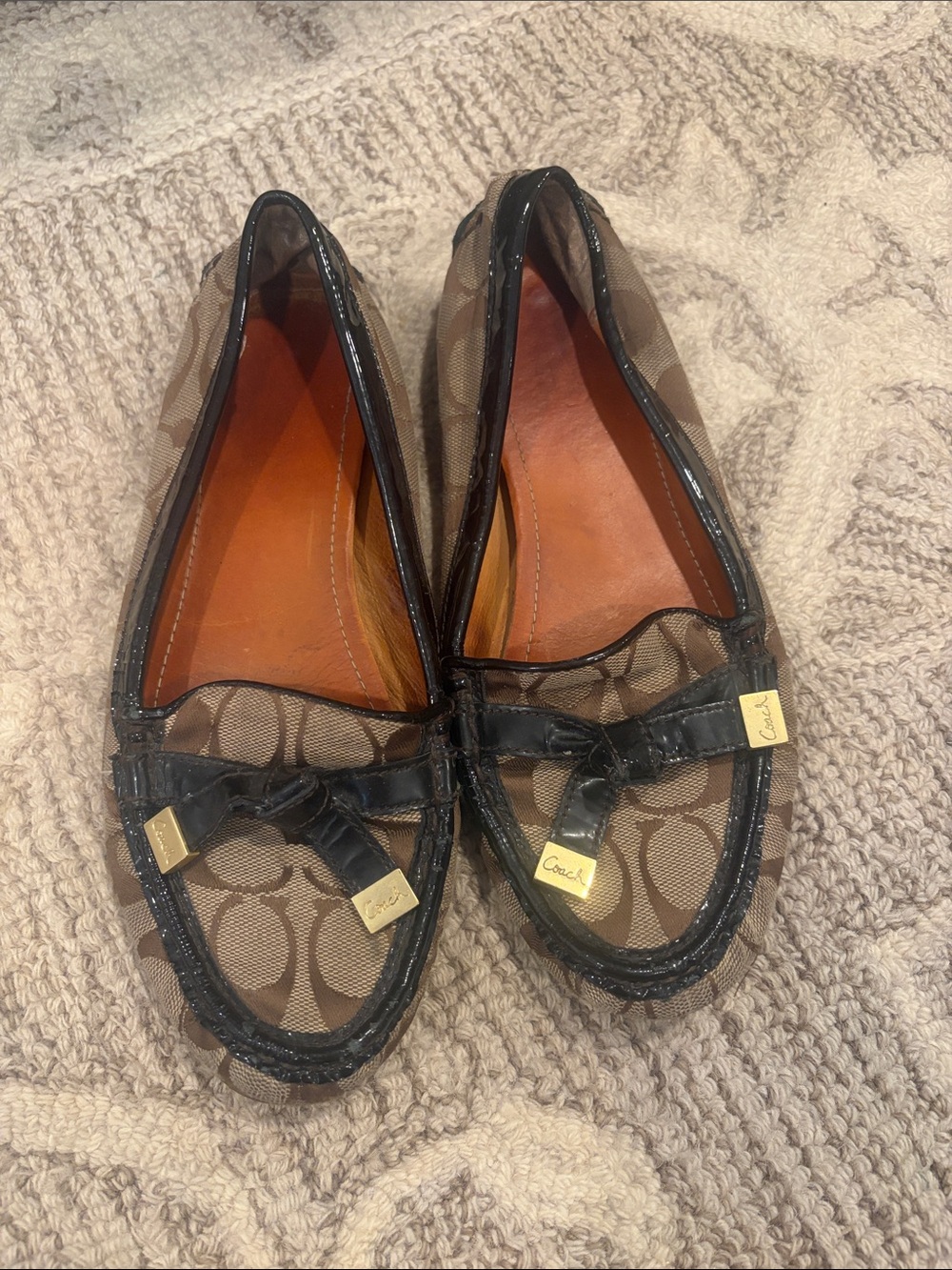 Coach Brown Signature Canvas Bow Loafers with Black Trim